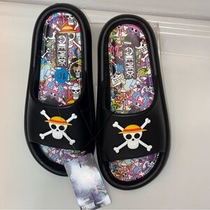 Onepiece Black Slide Sandals with  Skull ☠️ on Strap Colorful Footbed— Men’s 10